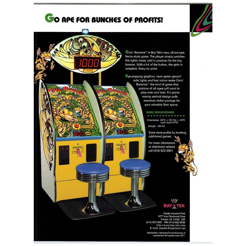 Bay Tek Goin' Bananas Arcade Skill Game Sales Brochure Flyer Paper Ad